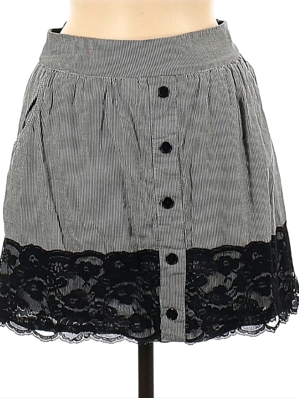 LBK  -- Pinstripe Lace Trim Faux Button Front Skirt NWT